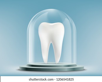 White human tooth under the glass dome. Stock vector illustration.