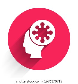 White Human and virus icon isolated with long shadow. Corona virus 2019-nCoV. Bacteria and germs, cell cancer, microbe, fungi. Red circle button. Vector Illustration