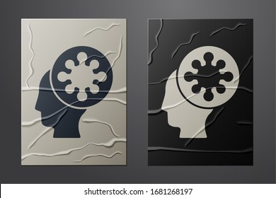 White Human and virus icon isolated on crumpled paper background. Corona virus 2019-nCoV. Bacteria and germs, cell cancer, microbe, fungi. Paper art style. Vector Illustration
