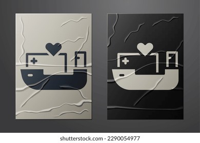 Weiße humanitäre Schiffssymbol einzeln auf zerbrochenem Papierhintergrund. Kunststil aus Papier. Vektorgrafik