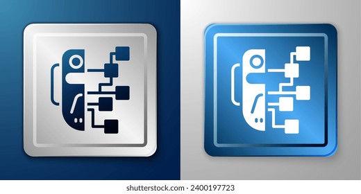 White Humanoid robot icon isolated on blue and grey background. Artificial intelligence, machine learning, cloud computing. Silver and blue square button. Vector