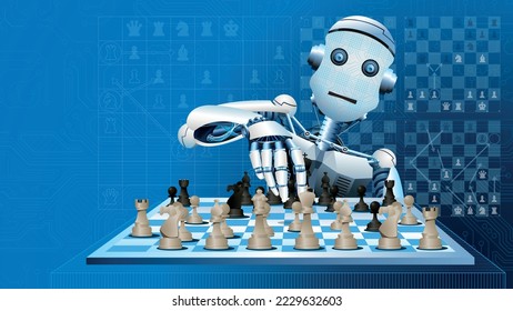 Robot blanco en forma de humano jugando un juego de ajedrez, moviendo una pieza negra del tablero contra un fondo azul con estrategias de ajedrez. Concepto de inteligencia artificial. Imagen del vector