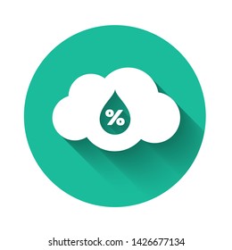 White Humidity icon isolated with long shadow. Weather and meteorology, cloud, thermometer symbol. Green circle button. Vector Illustration