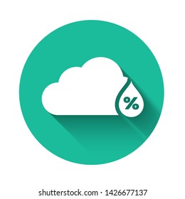 White Humidity icon isolated with long shadow. Weather and meteorology, cloud, thermometer symbol. Green circle button. Vector Illustration