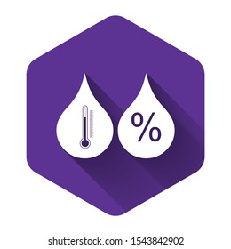 White Humidity icon isolated with long shadow. Weather and meteorology, thermometer symbol. Purple hexagon button. Vector Illustration