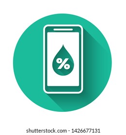 White Humidity for smart home icon isolated with long shadow. Weather and meteorology, thermometer symbol. Green circle button. Vector Illustration