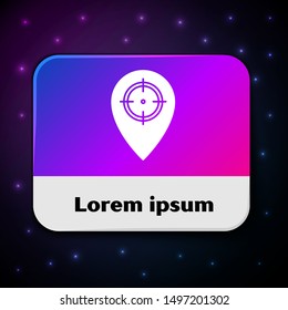 White Hunt place icon isolated on black background. Navigation, pointer, location, map, gps, direction, place, compass, contact, search. Rectangle color button. Vector Illustration