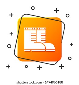 White Hunter boots icon isolated on white background. Orange square button. Vector Illustration