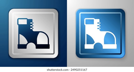 White Hunter boots icon isolated on blue and grey background. Silver and blue square button. Vector