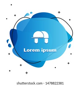 White Hunter hat icon isolated on white background. Plaid winter hat. Abstract banner with liquid shapes. Vector Illustration