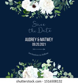 White hydrangea, anemone, chrysanthemum, rose flowers on navy blue background vector design frame. Trendy rustic wedding greenery. Elegant classic style collection. Elements are isolated and editable