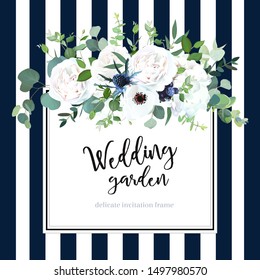 White hydrangea, anemone, thistle, black berry, rose flowers on navy blue and white striped background vector design frame. Trendy rustic wedding greenery. Elegant classic style. Isolated and editable