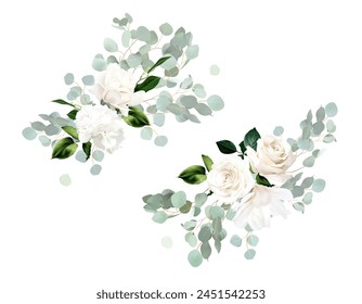 White hydrangea, ivory magnolia, beige rose flowers, mint green eucalyptus, fern, salal, greenery vector design wedding spring bouquets. Floral summer watercolor. Elements are isolated and editable