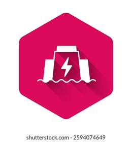 White Hydroelectric dam icon isolated with long shadow background. Water energy plant. Hydropower. Hydroelectricity. Pink hexagon button. Vector
