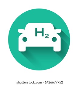 White Hydrogen car icon isolated with long shadow. H2 station sign. Hydrogen fuel cell car eco environment friendly zero emission. Green circle button. Vector Illustration