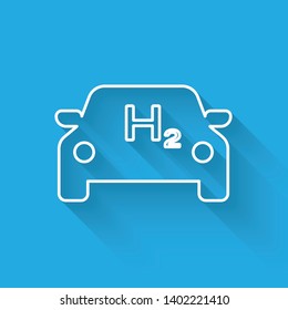 White Hydrogen car line icon isolated with long shadow. H2 station sign. Hydrogen fuel cell car eco environment friendly zero emission. Vector Illustration