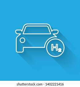 White Hydrogen car line icon isolated with long shadow. H2 station sign. Hydrogen fuel cell car eco environment friendly zero emission. Vector Illustration