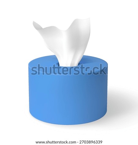 White hygiene tissue in blue round box pack vector mock up. Realistic kitchen towel, container napkins. Bathroom sanitary napkin blank. 3D package of home or office towels
