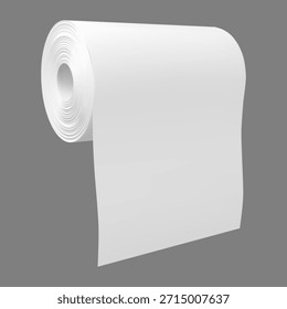 Maqueta de Vector de rollo de papel higiénico blanco. Toalla de cocina realista, servilleta de envoltura de tubo. Toalla sanitaria de baño en blanco. Toalla de cocina de embalaje 3D colgando. Accesorio de baño. Plantilla de rollo de papel