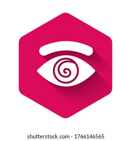 White Hypnosis icon isolated with long shadow. Human eye with spiral hypnotic iris. Pink hexagon button. Vector