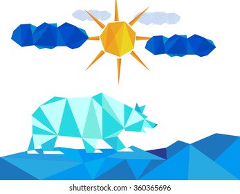 White ice bear on landscape with icebergs on winter with sun and clouds