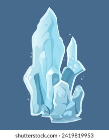 White ice block of colorful set. The intricacy of an ice block and icicles in this mesmerizing illustration brought to life with a unique cartoon design against a blue canvas. Vector illustration.