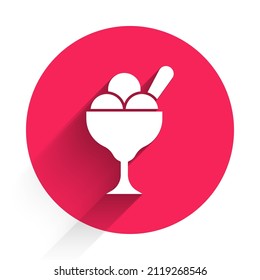 White Ice cream in the bowl icon isolated with long shadow. Sweet symbol. Red circle button. Vector