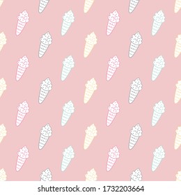 White ice cream cone with colorful outline seamless pattern on pastel pink background. Food repeat fabric for wallpaper, wrapping and textile.