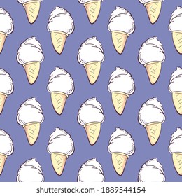 White ice cream in a cone , seamless pattern on a purple background.