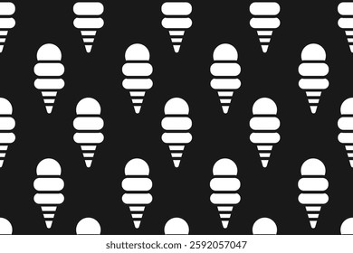 White Ice Cream Cones on Black Background Seamless Pattern Vector