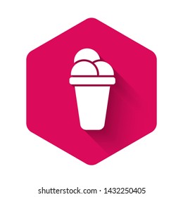 White Ice cream icon isolated with long shadow. Sweet symbol. Pink hexagon button. Vector Illustration