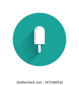 White Ice cream icon isolated with long shadow. Sweet symbol. Green circle button. Vector Illustration