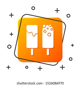 White Ice cream icon isolated on white background. Sweet symbol. Orange square button. Vector Illustration