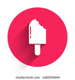 White Ice cream icon isolated with long shadow. Sweet symbol. Red circle button. Vector Illustration