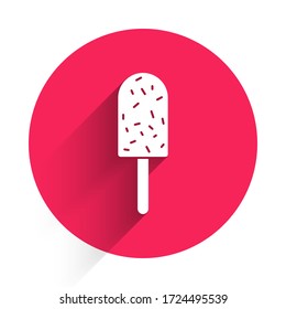 White Ice cream icon isolated with long shadow. Sweet symbol. Red circle button. Vector Illustration
