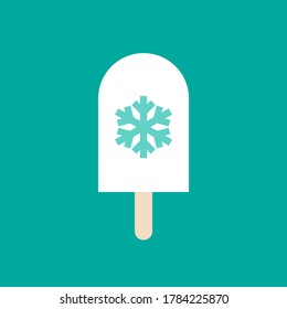 white ice cream lolly with snowflake isolated on blue background. Popsicle ice-cream on a stick with chocolate. summer sweet icon. Vector flat illustration.