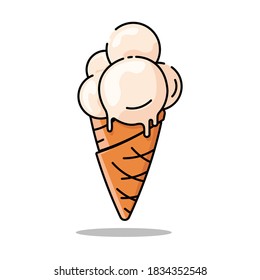 white Ice cream melting on a cone flat art vector illustration. EPS10