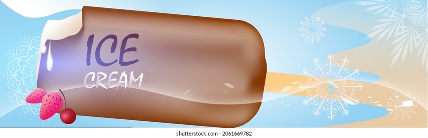 White ice cream on a beige background and snowflakes. Vector banner illustration