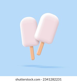 White ice cream on a stick, with white chocolate glaze 3d. Concept of selling and enjoying cold refreshing ice cream on warm summer sunny days.