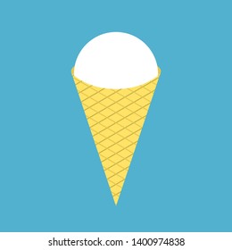 White ice cream in waffle cone isolated on blue background. Summer, heat and sweets concept. Flat design. Vector illustration. No gradients, no transparency