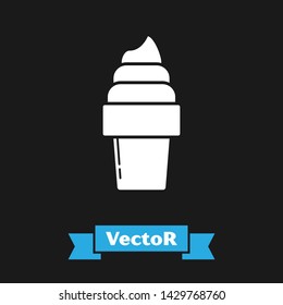 White Ice cream in waffle cone icon isolated on black background. Sweet symbol.  Vector Illustration