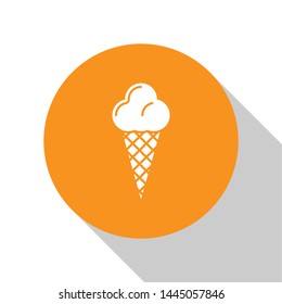 White Ice cream in waffle cone icon isolated on white background. Sweet symbol. Orange circle button. Vector Illustration