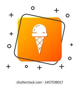 White Ice cream in waffle cone icon isolated on white background. Sweet symbol. Orange square button. Vector Illustration