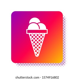 White Ice cream in waffle cone icon isolated on white background. Sweet symbol. Square color button. Vector Illustration