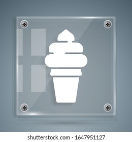 White Ice cream in waffle cone icon isolated on grey background. Sweet symbol. Square glass panels. Vector Illustration
