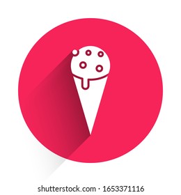 White Ice cream in waffle cone icon isolated with long shadow. Sweet symbol. Red circle button. Vector Illustration