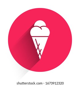White Ice cream in waffle cone icon isolated with long shadow. Sweet symbol. Red circle button. Vector Illustration
