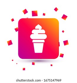 White Ice cream in waffle cone icon isolated on white background. Sweet symbol. Square color button. Vector Illustration