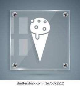 White Ice cream in waffle cone icon isolated on grey background. Sweet symbol. Square glass panels. Vector Illustration