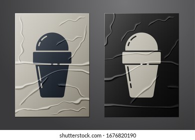 White Ice cream in waffle cone icon isolated on crumpled paper background. Sweet symbol. Paper art style. Vector Illustration